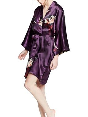 Floral Satin Kimono Robe in Purple